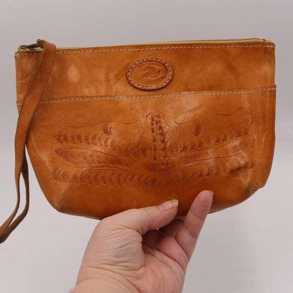 Vintage Sergios Collection Small Leather Zipper Pouch Bag Natural Tooled Leather - Picture 1 of 14